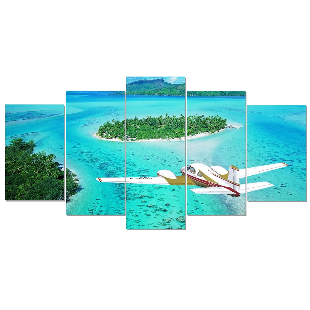 Quadro Decorativo Mosaico Avião Teco-Teco Sobre Ilha Paisagem Aérea Sala Quarto Hall 5 Peças