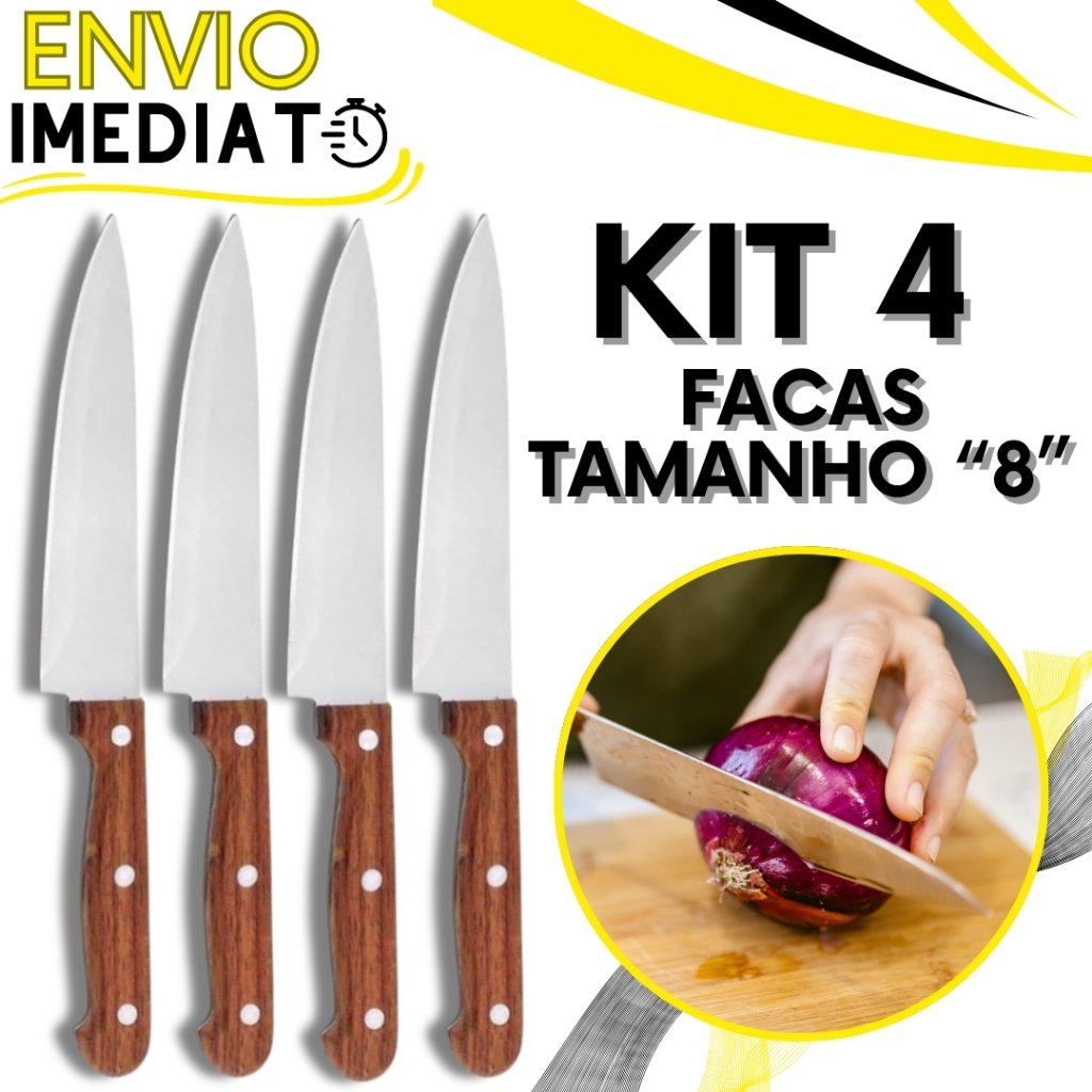 KIT Jogo 4 Faca De Cozinha Churrasco Profissional Afiada Inox GRANDE Cabo Madeira para Casa Cozinha Restaurante Açougue