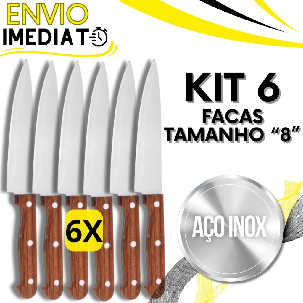 KIT Jogo 6 Faca De Cozinha Churrasco Profissional Afiada Inox GRANDE Cabo Madeira para Casa Cozinha Restaurante Açougue