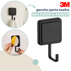 Gancho Parede Adesivo 3M Cabide Banheiro Cozinha Porta Toalha Multifuncional Preto Fosco