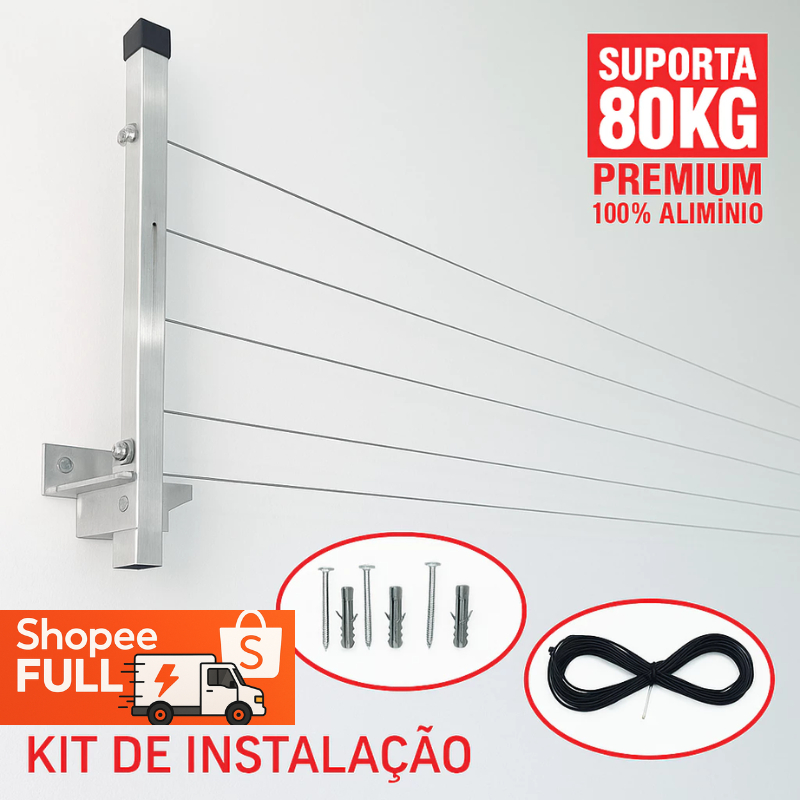 Varal Retrátil Parede Grande 100% Alumínio Suporte Resistente Recolhivel 80kg - Envio Imediato