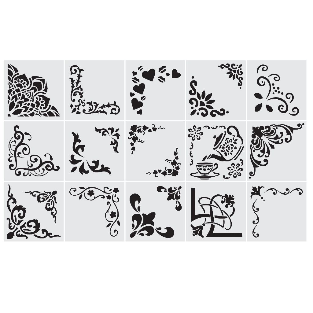 CUTKAPM0006 - Kit Com 15 Stencil 9,5x9,5cm para Cookies e Artesanato Cantoneiras Mylar 190 Micras Branco Leitoso