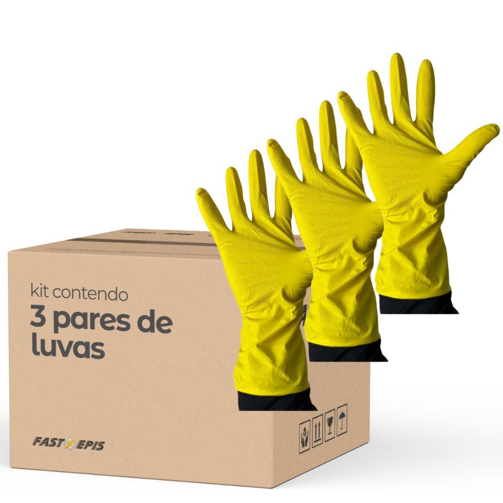 Kit 3 Pares - Luva Multiuso Serviços de Limpeza Gerais Amarela em Látex - Medix em Oferta na Shopee
