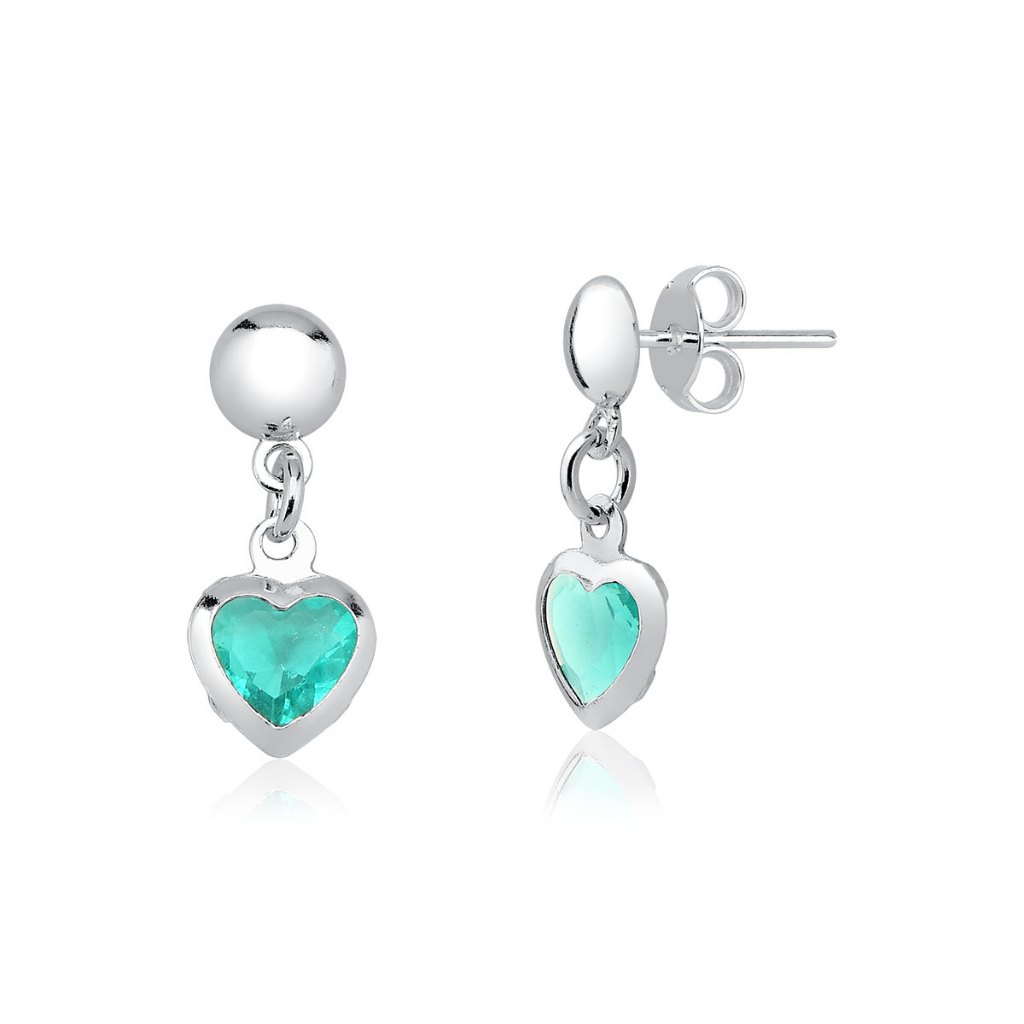 Brinco Feminino de Prata 925 Bolinha com Coração Pendurado Verde Água