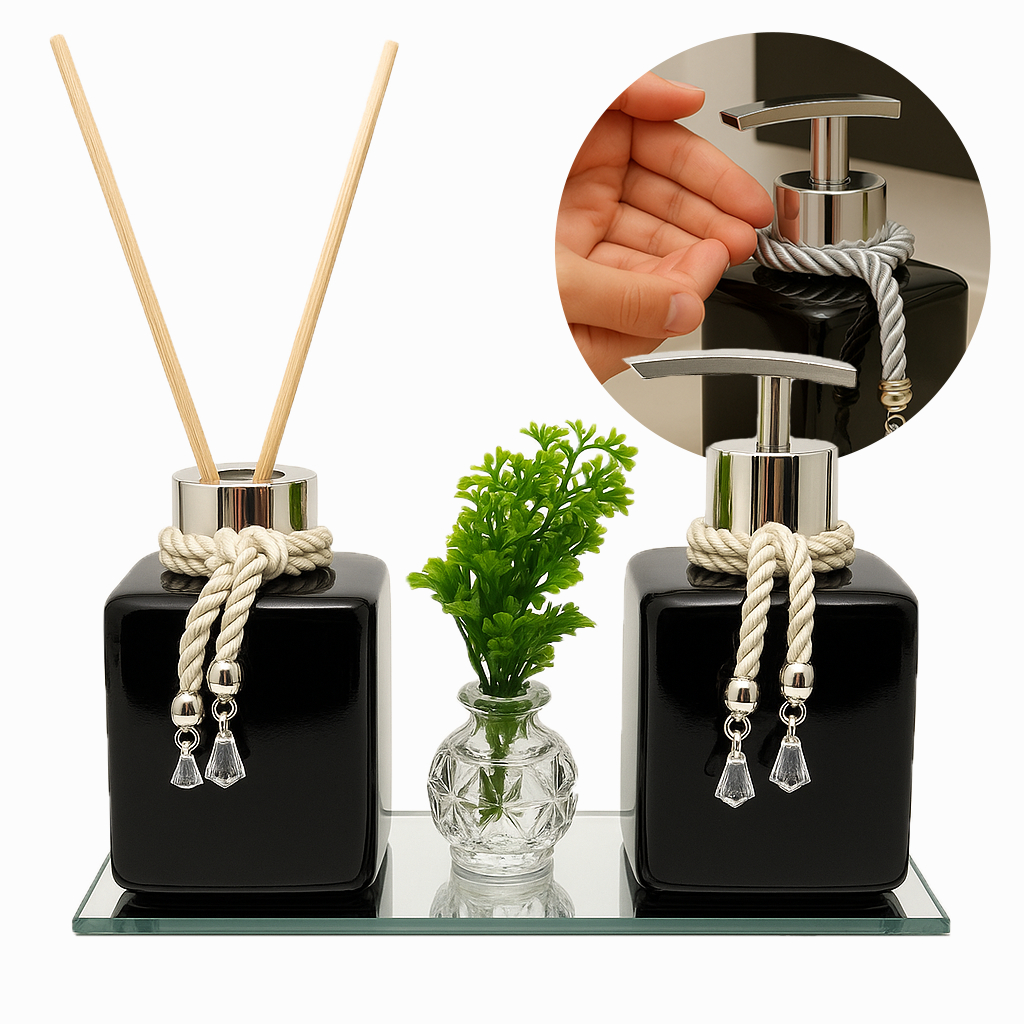 Kit Lavabo Frascos Turmalina PET (Plástico) Para Difusor Sabonete Álcool