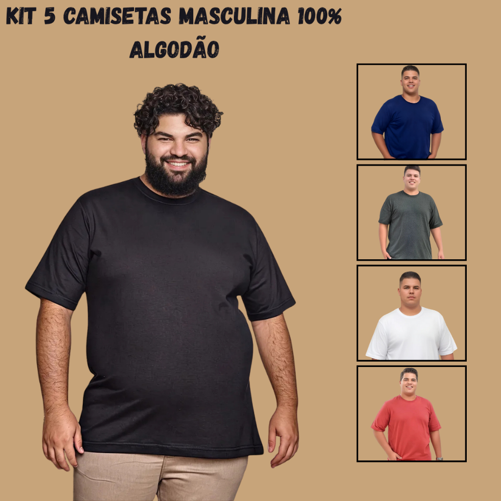 Kit 5 camisetas Plus size Elegante Festa Casual Dia dos pais 100% Algodão - Men Clothes