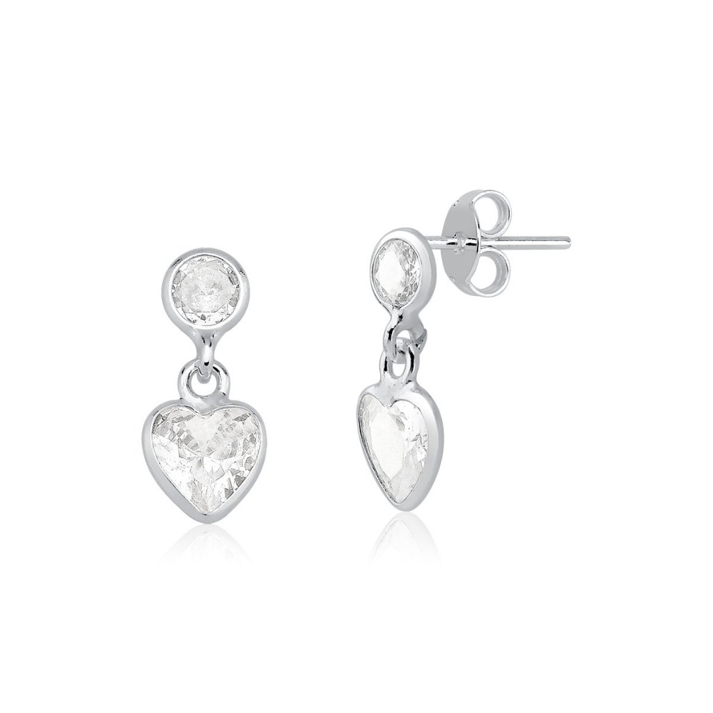 Brinco Feminino de Prata 925 Ponto de Luz e Coração Pendurado - Fashion Accessories