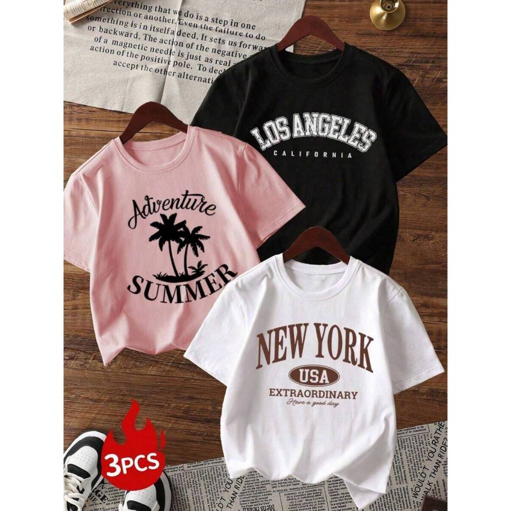 Kit 3 Camiseta Tshirt Infantil Feminina 100% Algodão Estampada Estilosa Basica Gola Redonda Casual