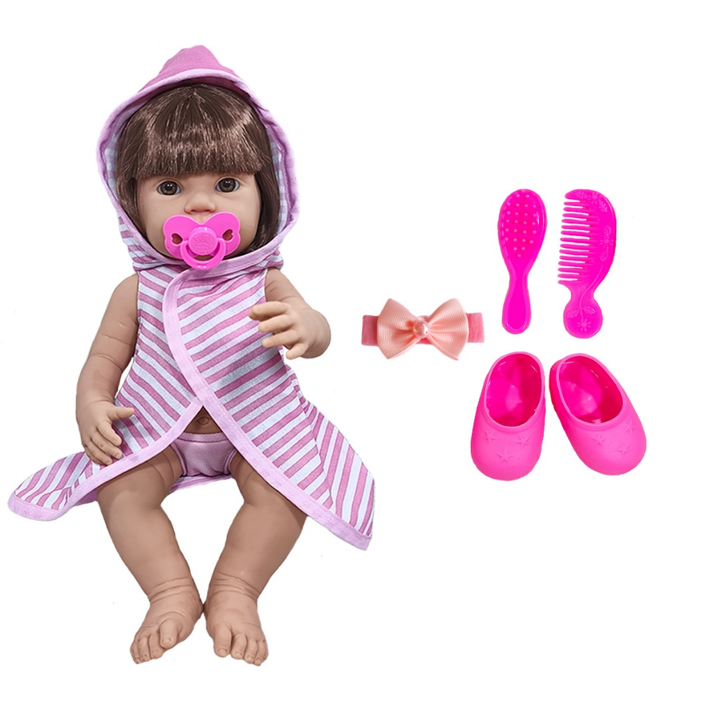 Bebe Reborn Menina Cabelo Castanho Pode Dar Banho 9 Itens em Oferta na Shopee