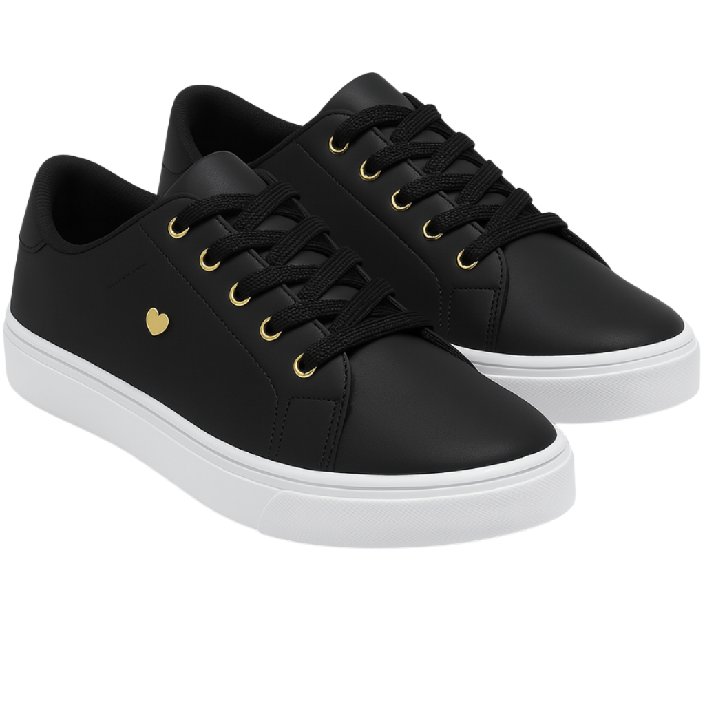 Tênis Feminino Casual preto/preto com Cadarço Preto e Detalhes Dourados Confortável e Estiloso