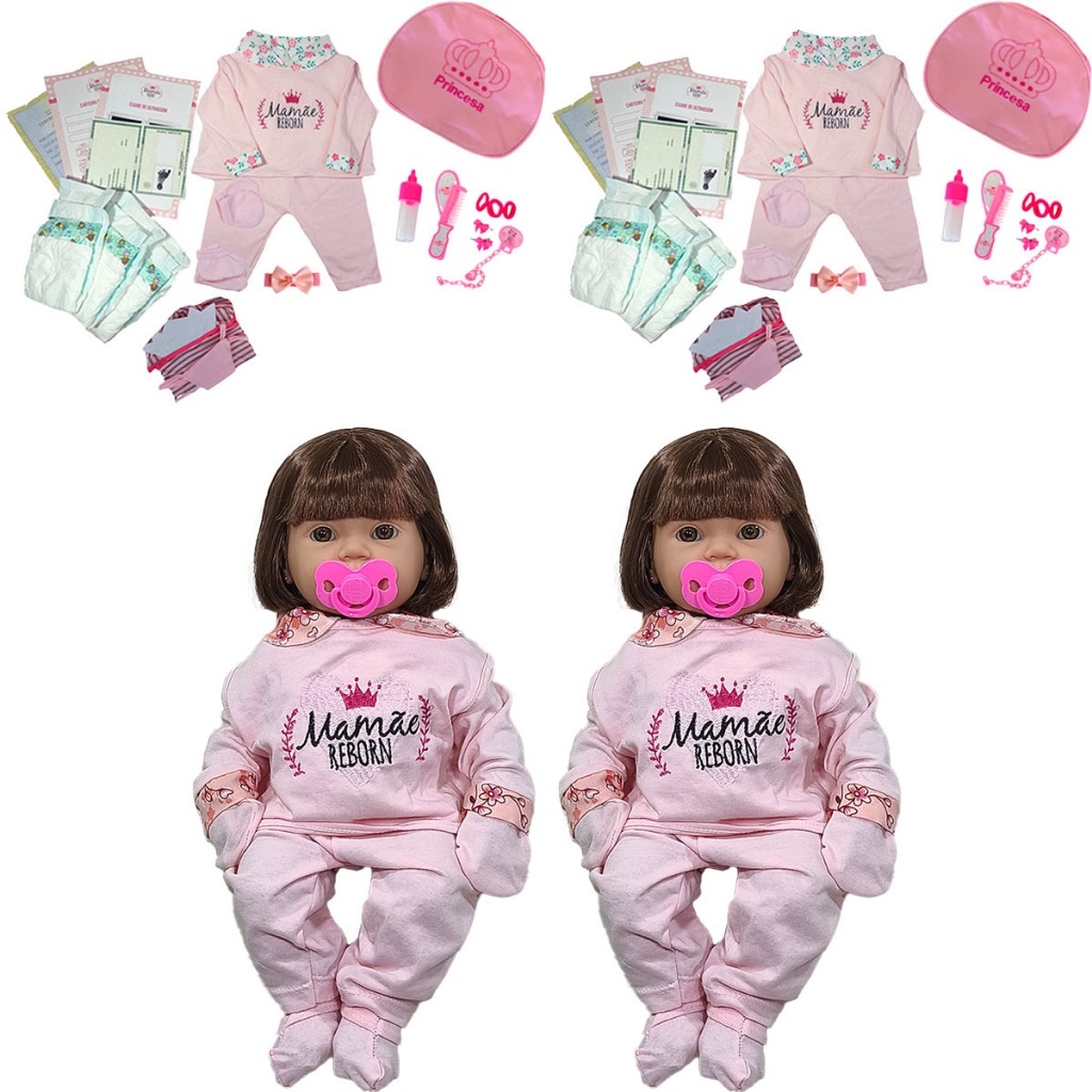 2 Bonecas Gêmeas Bebê Reborn Realista Silicone Bolsa + Enxoval Completo em Oferta na Shopee