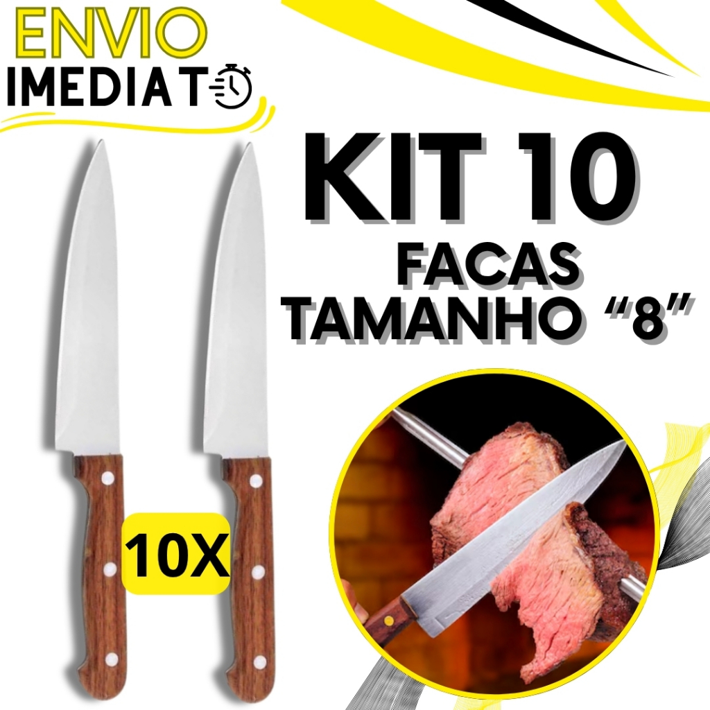 KIT Jogo 10 Faca De Cozinha Churrasco Profissional Afiada Inox GRANDE Cabo Madeira para Casa Cozinha Restaurante Açougue