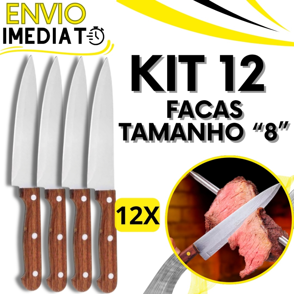 KIT Jogo 12 Faca De Cozinha Churrasco Profissional Afiada Inox GRANDE Cabo Madeira para Casa Cozinha Restaurante Açougue
