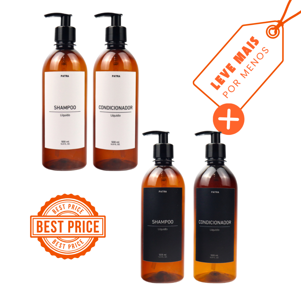 2 kit Banho Frasco Âmbar  2pçs Shampoo e Condicionador Dispenser 500ml Caçula