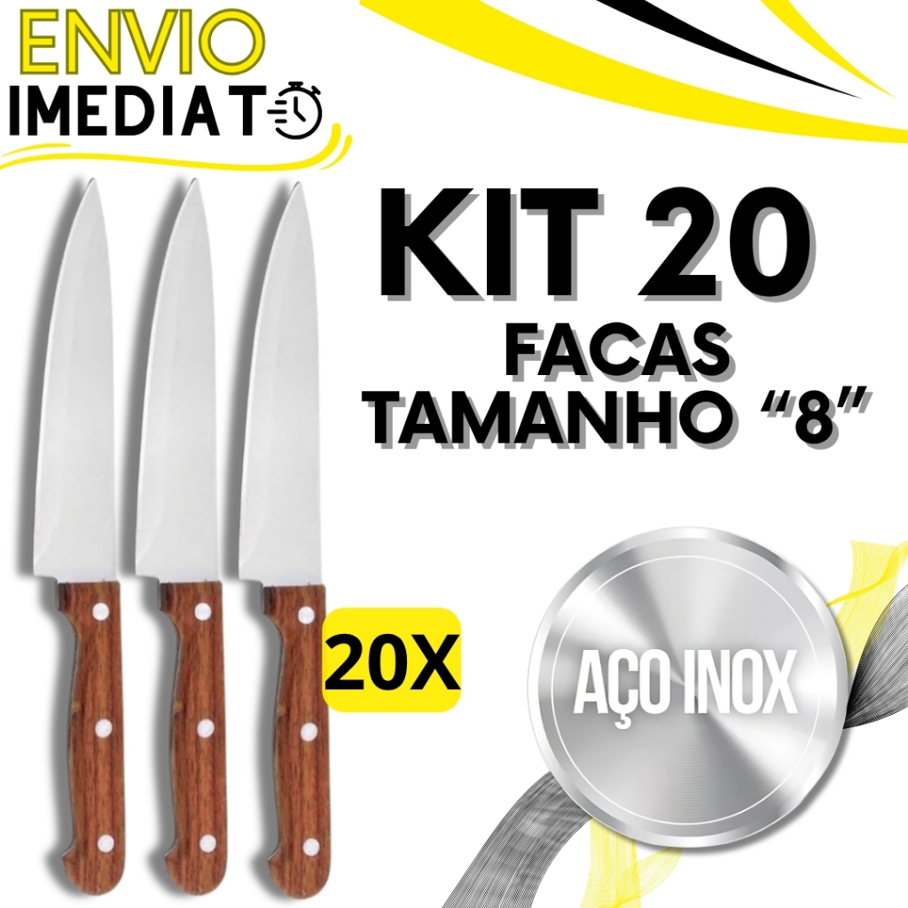 KIT Jogo 20 Faca De Cozinha Churrasco Profissional Afiada Inox GRANDE Cabo Madeira para Casa Cozinha Restaurante Açougue