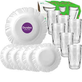 Jogo Kit Duralex 6 Pratos Petala Fundo 23CM Opaline Branco e 6 Copos Zumba 270ml Vidro Brilhante em Oferta na Shopee