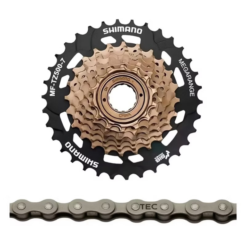 Roda Livre Catraca Shimano Tz500 14/34 7v Mega Range + Corrente Fina Index Bike 21 Marchas Aro 26 29