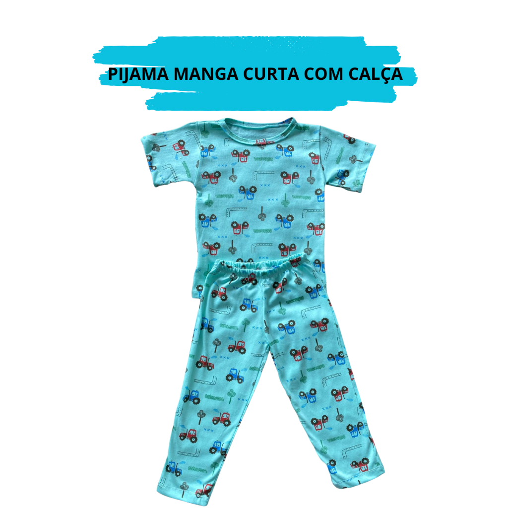 Pijama Manga Curta com Calça Masculino Infantil Menino 02 Ao 16 100% Algodão