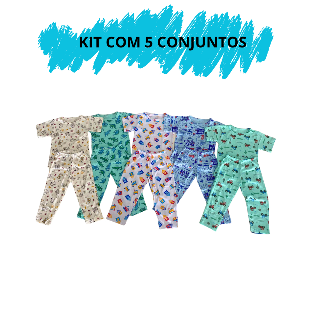 Kit 5 Pijama Manga Curta com Calça Masculino Infantil Menino 02 Ao 16 100% Algodão Confortável