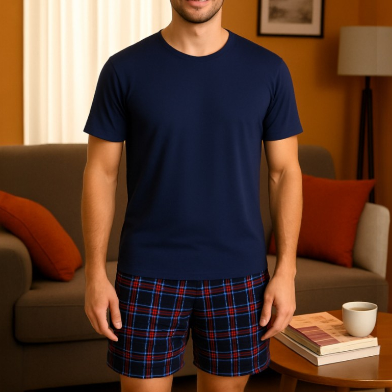 Pijama Masculino Suede Confortável Blusa e Short Estampadas Conjunto de Dormir Macio Variadas Homem