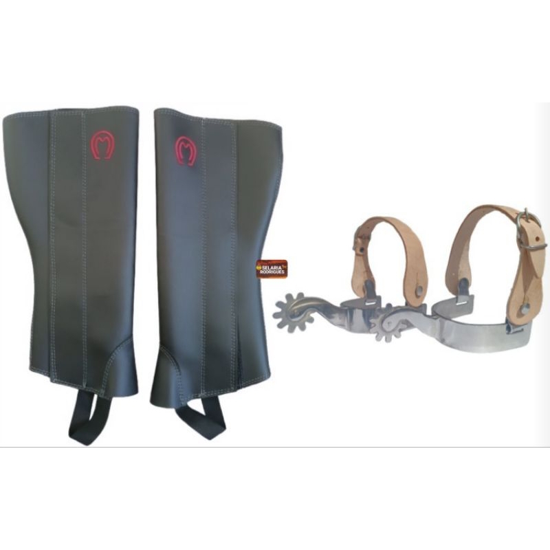 Perneira De Couro Mangalarga Unissex + Espora Quarto de Milha Inox Com Correia de Couro
