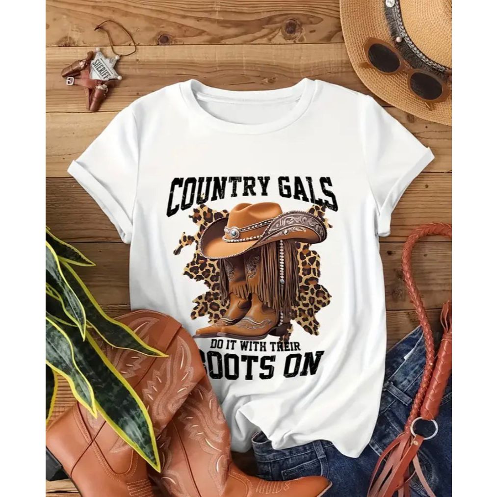 Camiseta Country Feminina Estampa Western Chapéu e Botas 100% Algodão