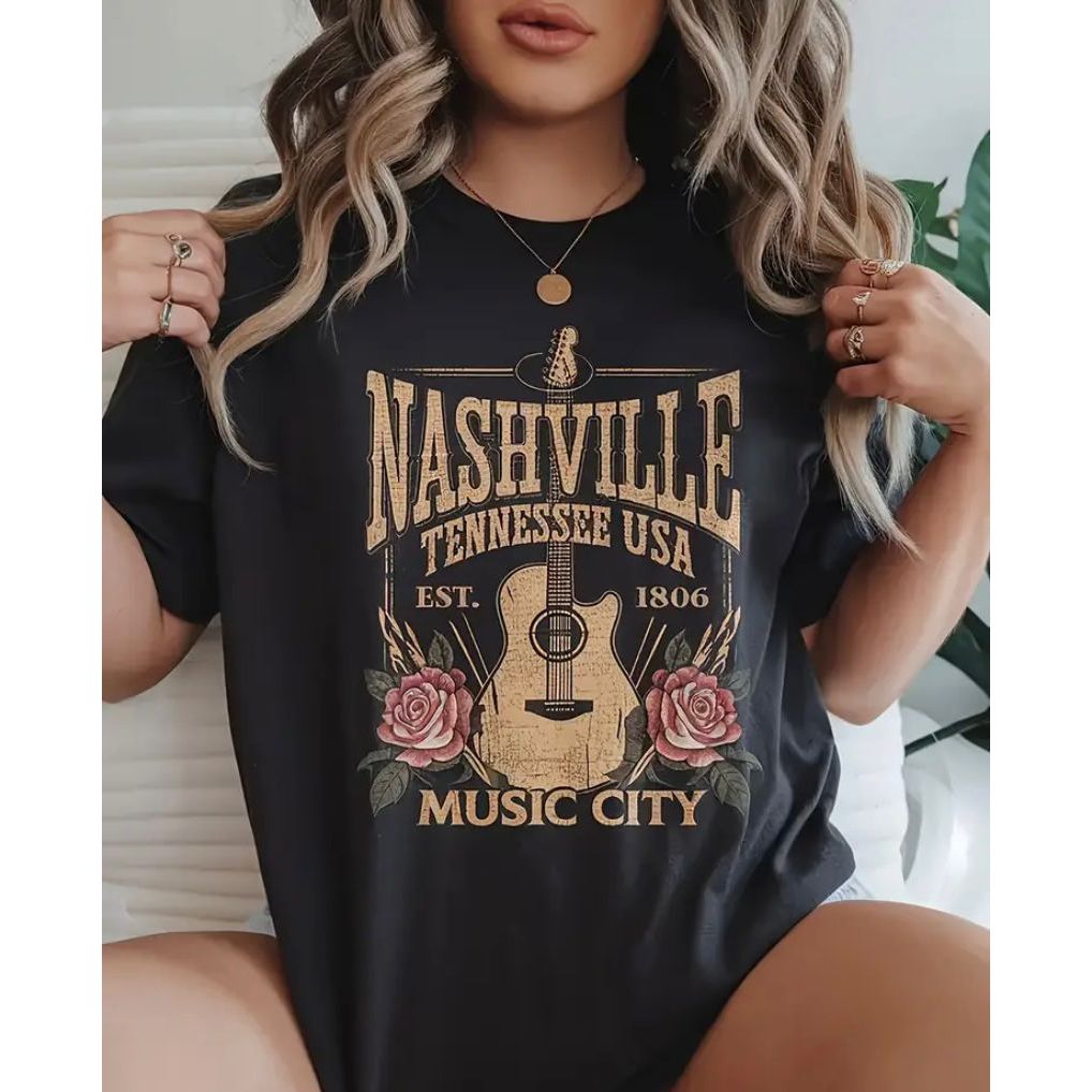 Camiseta Feminina Nashville Estilo Country Rock Casual Algodão