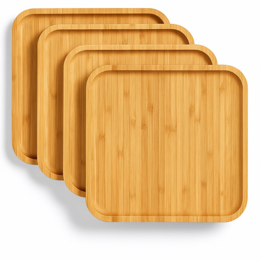 Kit 4 Bandejas Quadradas de Bambu 30cm Tuut | Petisqueira Multiuso para Servir Frios, Churrasco, Mesa Posta e Decoração.