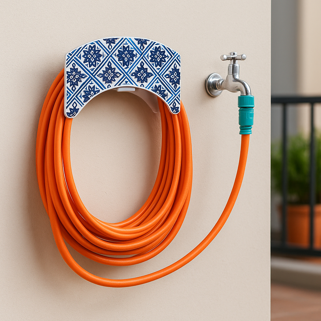 Suporte De Aço Fixo Em Parede Para Enrolar Mangueira Jardim Quintal Personalizado Azulejo Grego Azul Branco