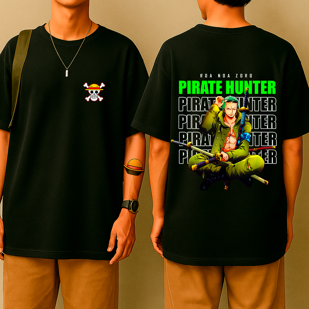Camiseta Oversized Caçador de Piratas – Estilo Mangá, Arte Urbana, Algodão Premium, Geek Zorro One Pirata