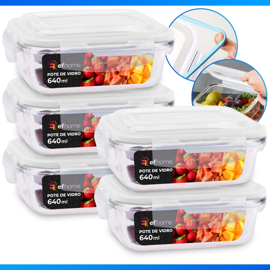 Conjunto 5 Potes 640ml Vidro Hermético 4 Travas Marmita