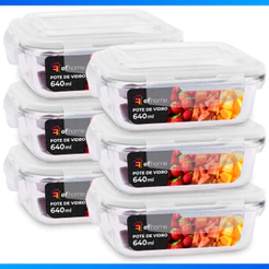 Kit 6 Pote de Vidro Hermético 640 ML Com Tampa Plástica e Vedação BPA FREE Marmita de Forno Freezer