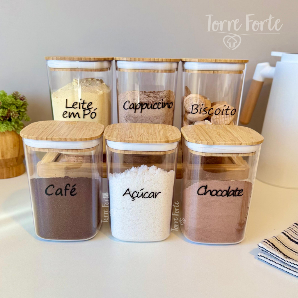 Kit Cantinho do Café Pote Com Tampa De Bambu Hermético 1L Café Açúcar Biscoito Mantimentos