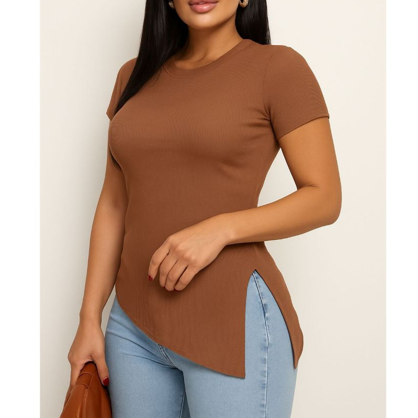 Blusa Feminina Ribana Manga Curta Assimétrica Com Fenda Elegante em Oferta na Shopee