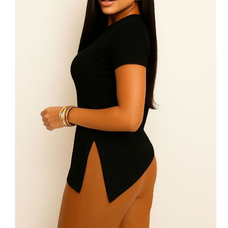 Blusa Feminina Ribana Manga Curta Assimétrica Com Fenda Elegante