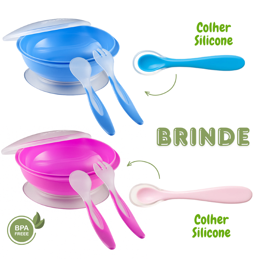 Kit Refeição Infantil Prato Com Ventosa + Tampa + Talheres + Colher com Ponta De Silicone em Oferta na Shopee