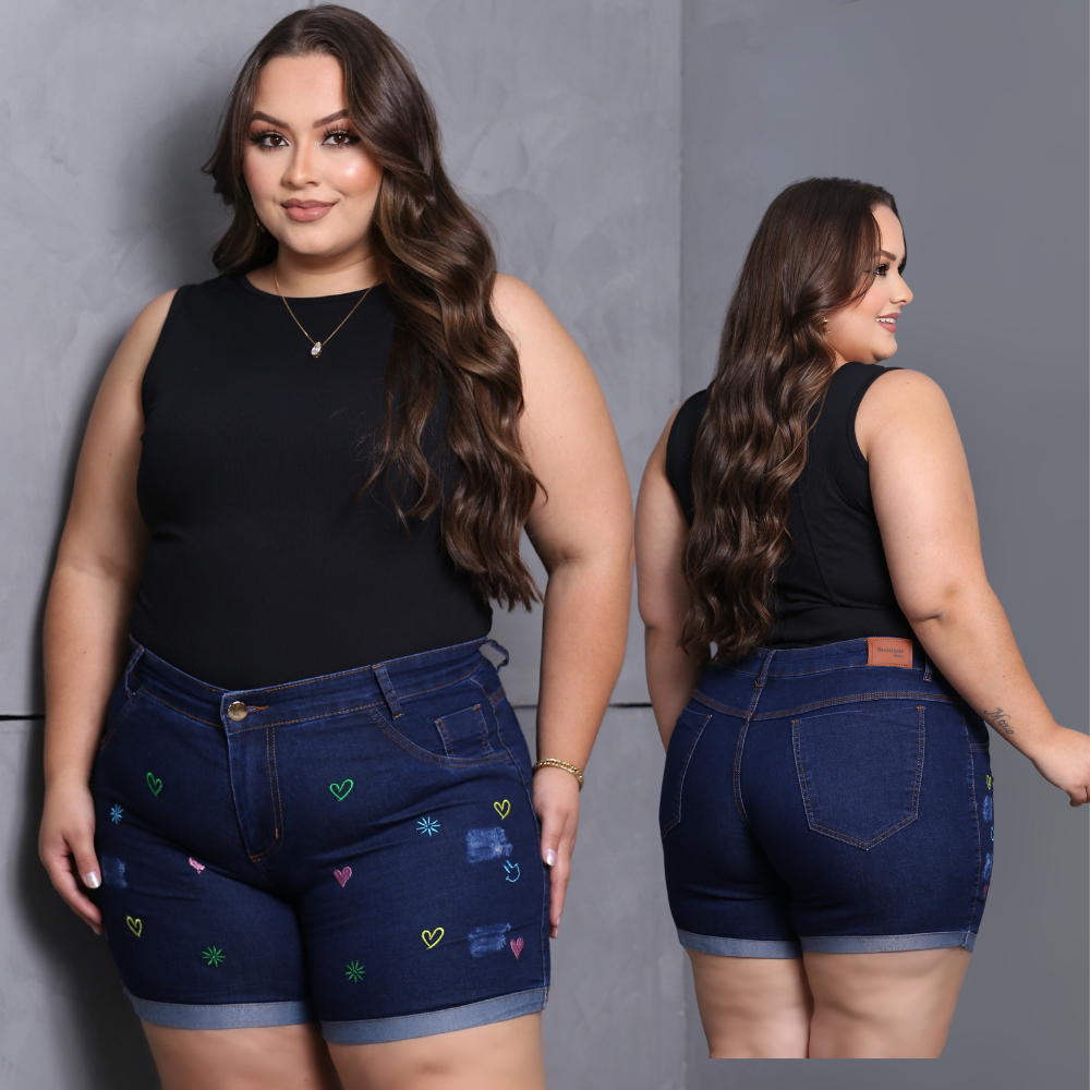 Short Jeans Plus Size Bordado com Lycra feminino  Estampado Personagem Disney Cintura Alta Elegante e Confortavel em Oferta na Shopee