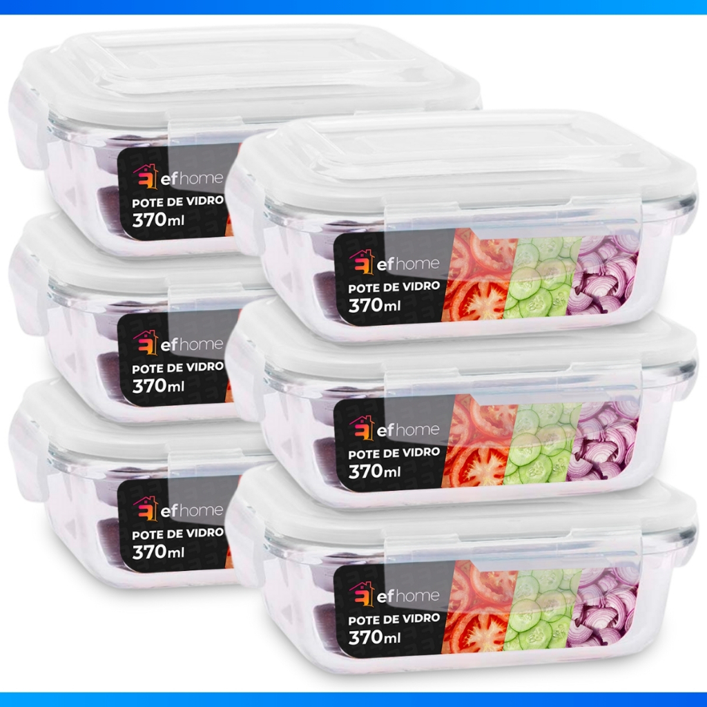 6 Pote Vidro Hermético 370 ML Tampa Plástica Vedação BPA Marmita Forno Freezer Armazenar Conservar Alimentos