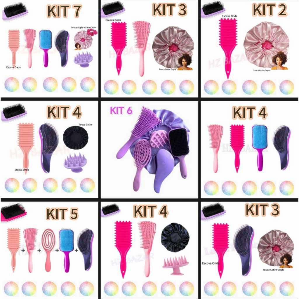Kit Escova várias itens/ escova onda / Raquete /Mágica /Polvo/Massageador de Silicone e Touca de Cetim e touca cetim em Oferta na Shopee