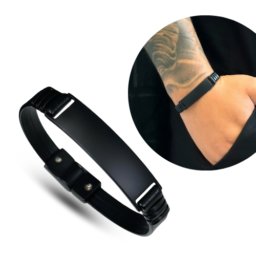 Pulseira Masculina Couro Sintético Chapa Preta Personalizada a Laser