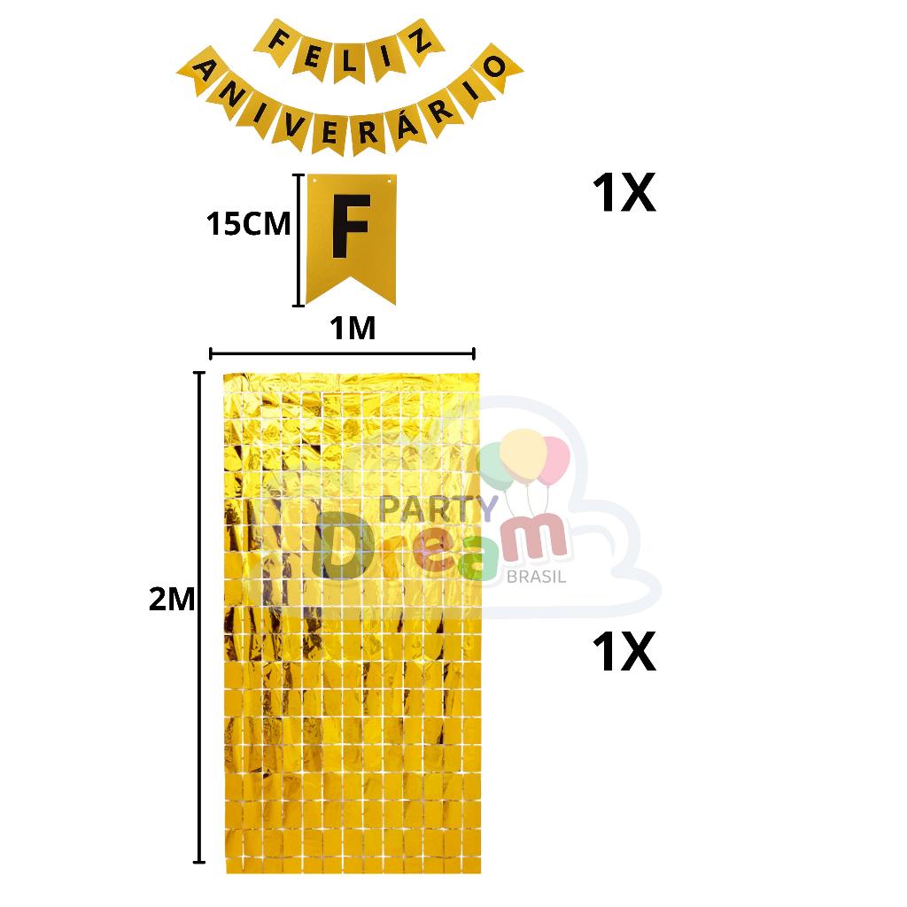 Kit Bandeirinha Feliz Aniversario + Cortina Festa Quadrada Parabéns Decoração Aniversario enfeite