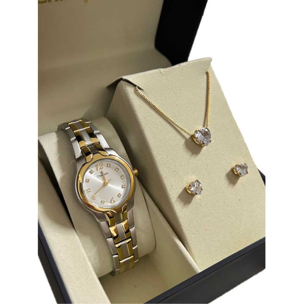 Kit Relogio Champion Dourado e Prata Analogico + Colar E Brincos Minimalista Feminino Pequeno
