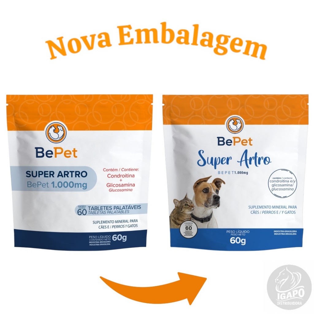 Kit 4un Regenerador Articular Super Artro Bepet 1000mg para Cães e Gatos