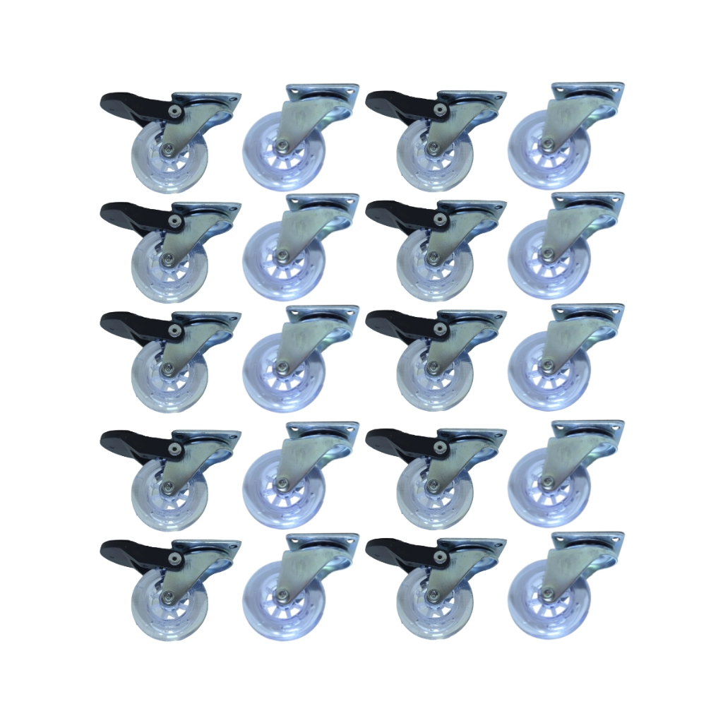 Kit 20 Rodízio Rodinha Giratório Para Móveis Carrinhos Gel Silicone 50mm AntiRisco 10 Com Freios 10 Sem Freios