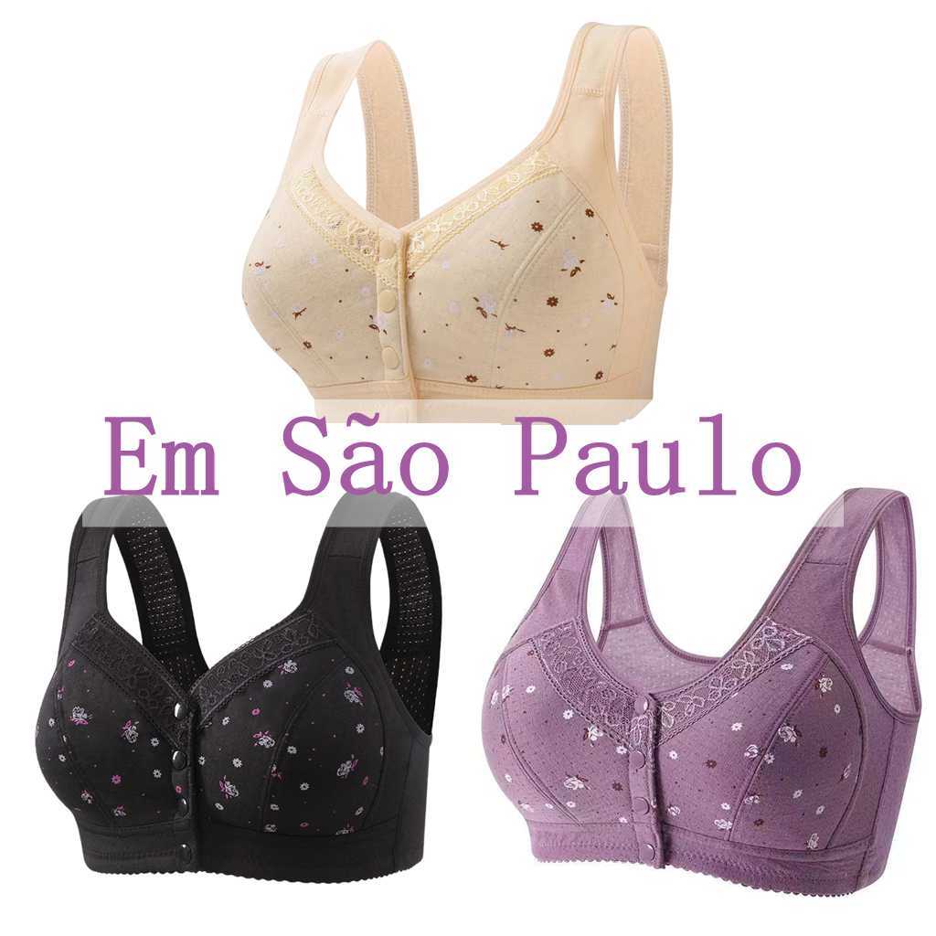 3PC Roupa Íntima Feminina De Tamanho Grande , Sutiã Sem Fio De Algodão Puro , Botões Frontais Borda De Renda Colete Com