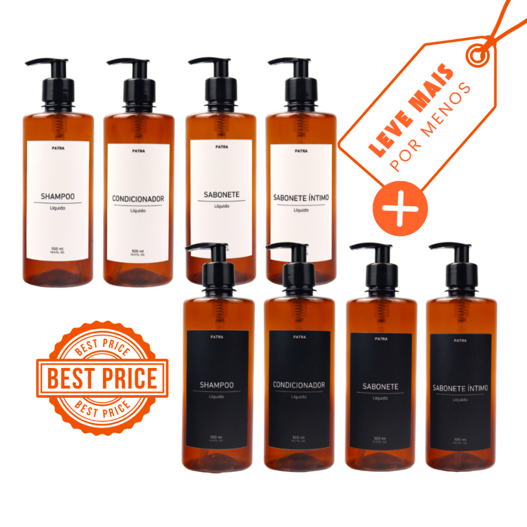 2 Kit Banho Frasco Âmbar 4pçs Shampoo Condicionador Sabonete líquido e Sabonete íntimo Dispenser 500ml Cil.