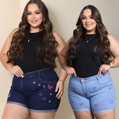 Short Jeans Plus Size Bordado com Lycra feminino Estampado Cintura Alta Elegante e Confortavel