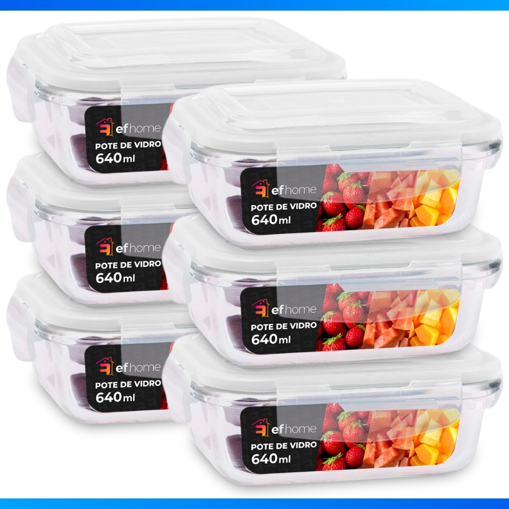6 Pote De Vidro Hermético Retangular 640ml Tampa Plástica Lancheira Marmita Forno Freezer Armazenar
