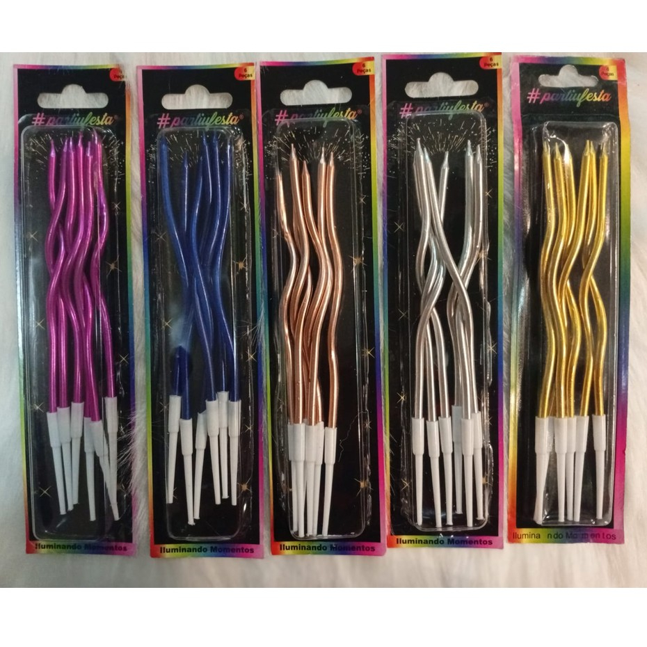 Kit Vela Palito Espiral Ondulada Metalizada 16cm com 6 Unidades Várias Cores em Oferta na Shopee
