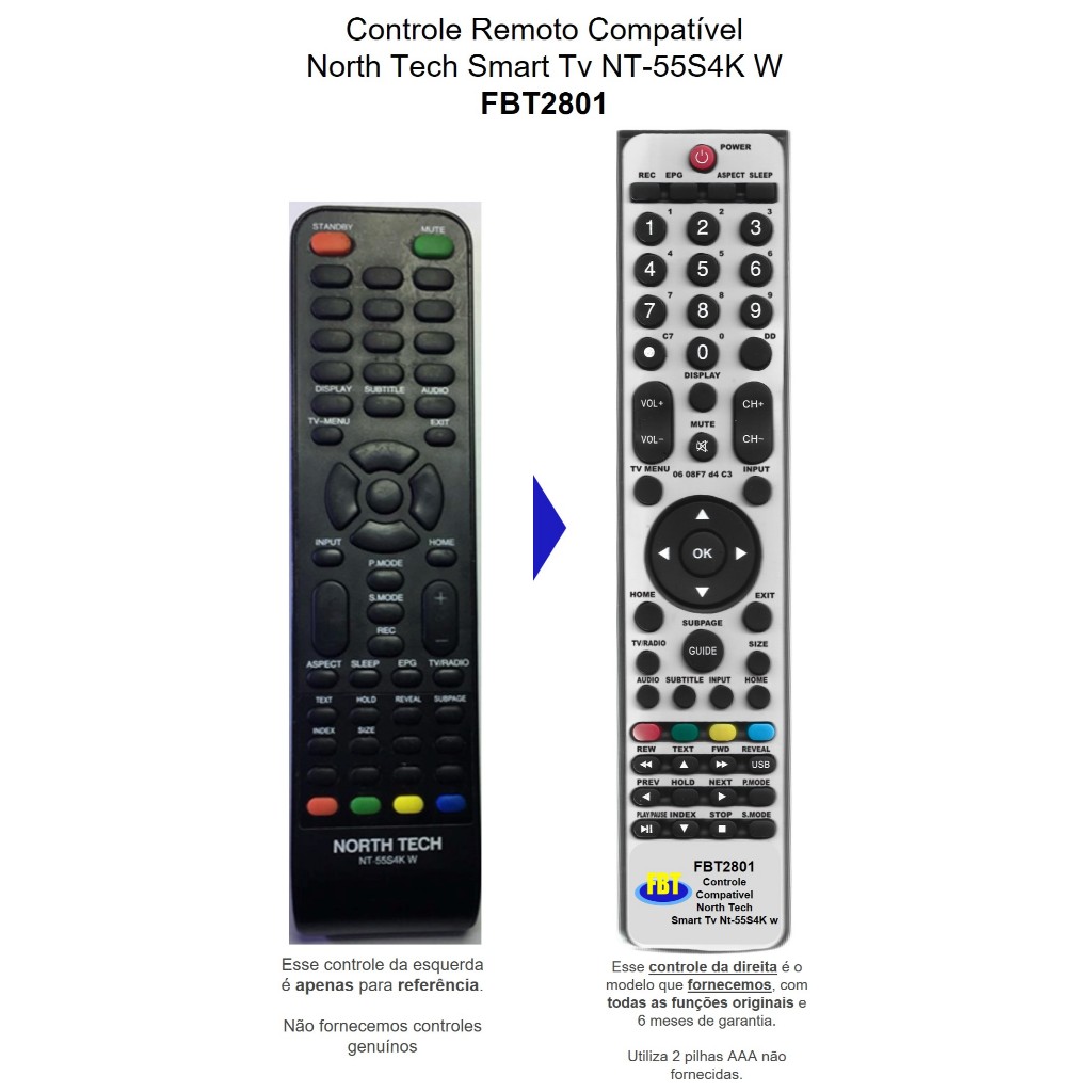 Controle Compatível Com NORTH TECH SMART TV 4K NT 55S4W FBT2801